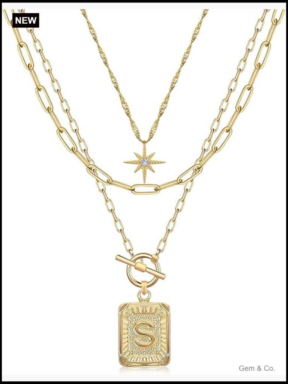 Layered Initial Choker Necklace Set with Star Square Pendant, Paperclip Chains